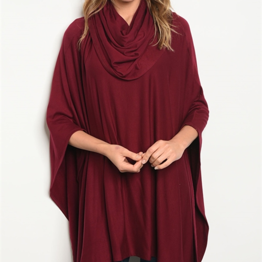 LAST 1! BURGANDY COWL NECK PONCHO TUNIC KNIT - Picture 3 of 5